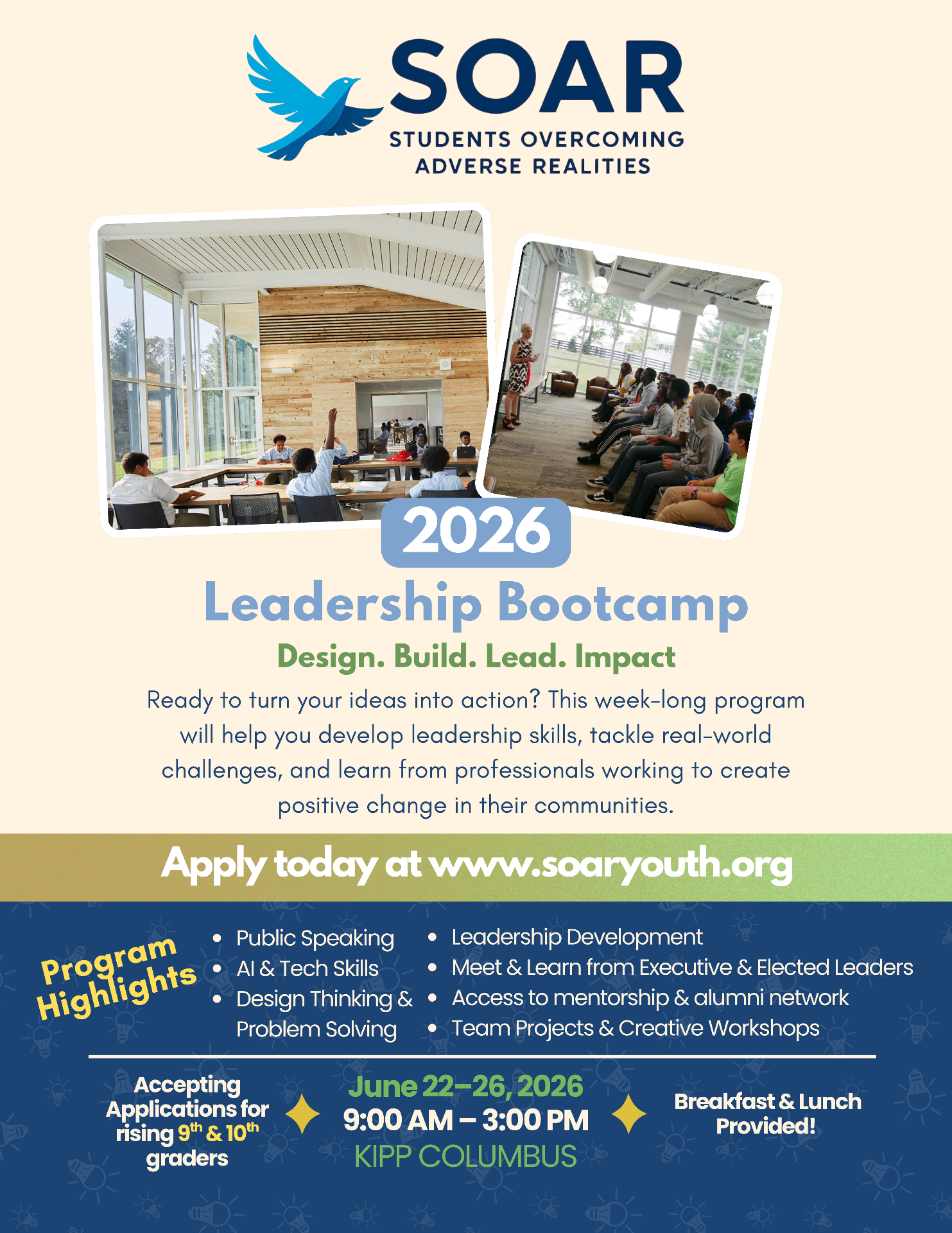 2026 SOAR Leadership Bootcamp flyer with program highlights, dates, and application info